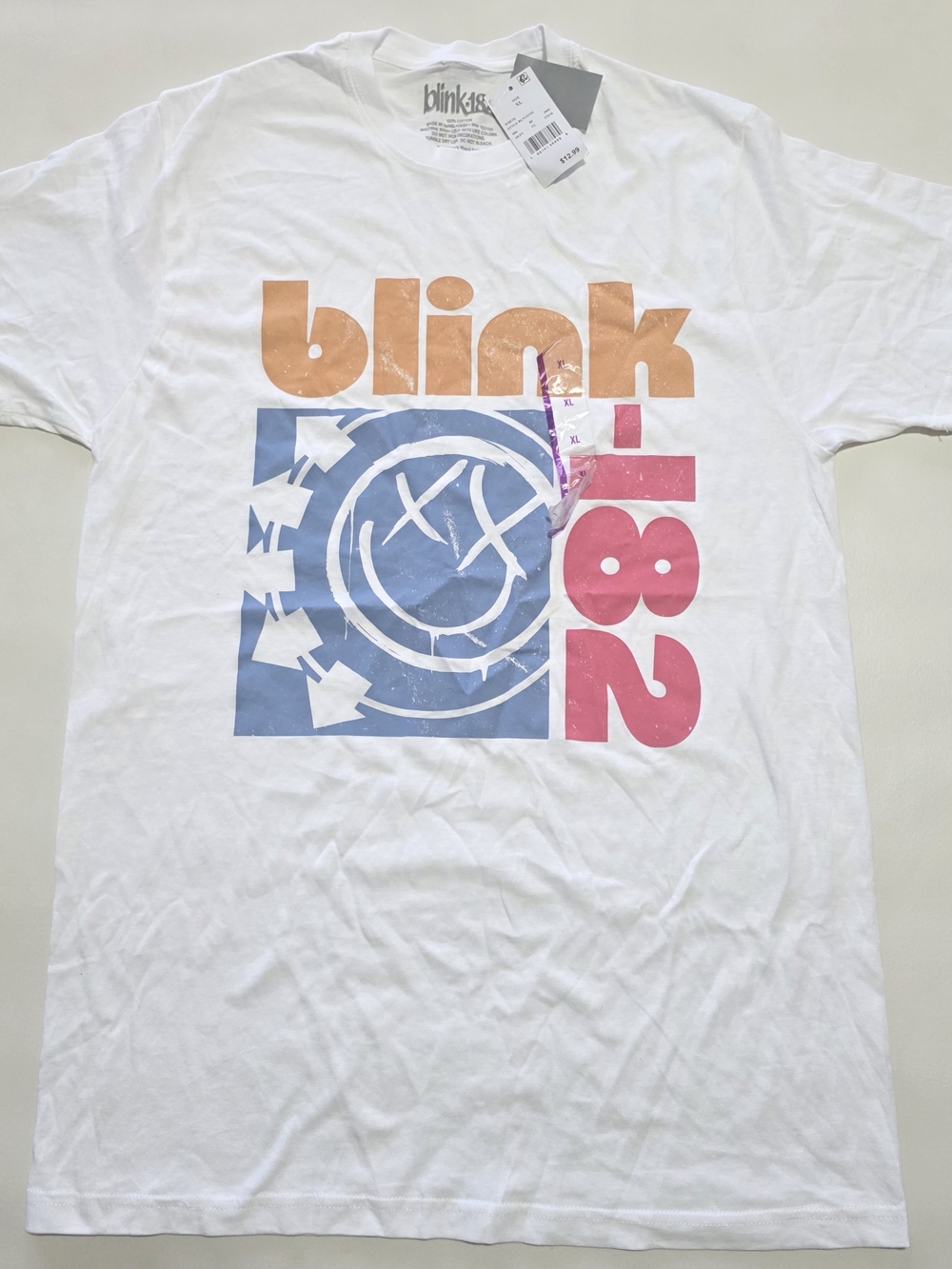 Blink-182 White Graphic Band Tee - Orange, Blue, Pink Print, Size XL.